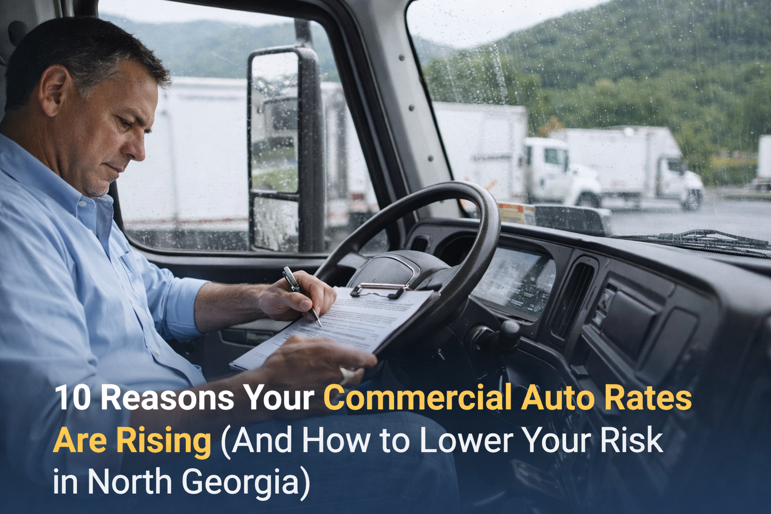 Commercial truck driver reviewing paperwork related to commercial auto insurance rates in North Georgia